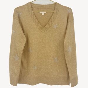 Knox Rose Tan V-Neck Sweater Rhinestone Star Detail XS